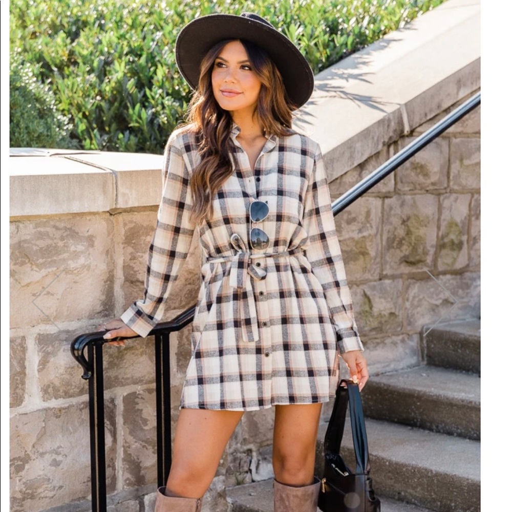 {NWT} OUT OF MY CONTROL PLAID TIE WAIST TAN DRESS - Med